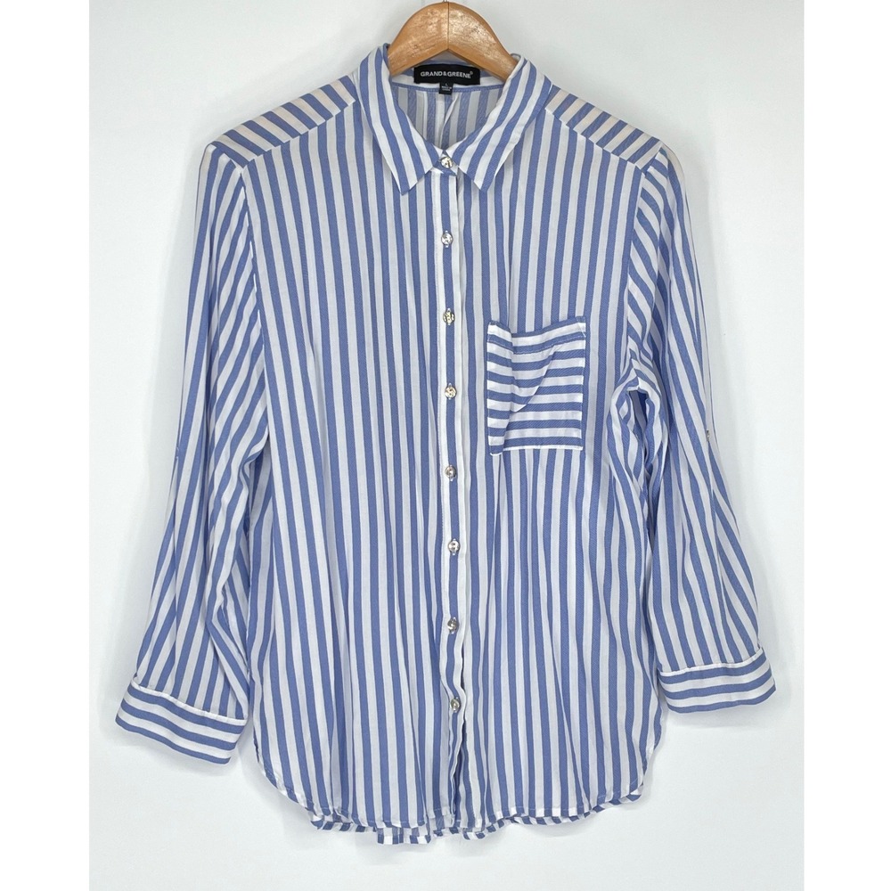 Grand & Greene Womens Shirt L Button Up Blue Striped Rayon Tab Sleeve